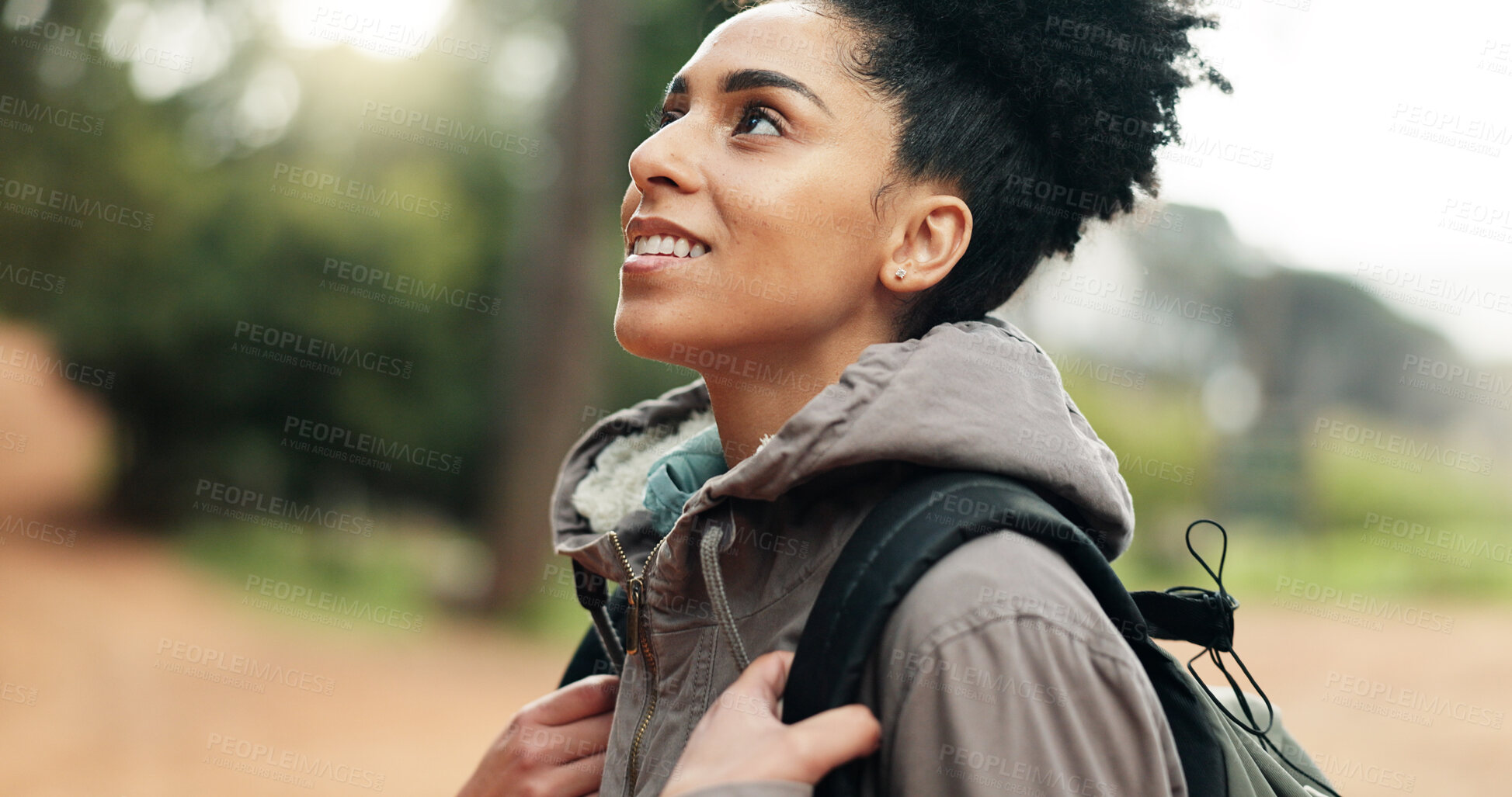 Buy stock photo Hiking, thinking and woman with workout, forest, nature and travel with fitness, breathing and fresh air. Healthy person, nature or hiker outdoor, discovery and adventure with sunshine and travel