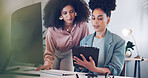 Computer, black african american woman or manager coaching, training or helping an employee with mentorship at office desk. Leadership, collaboration or worker with a question talking or speaking of digital marketing