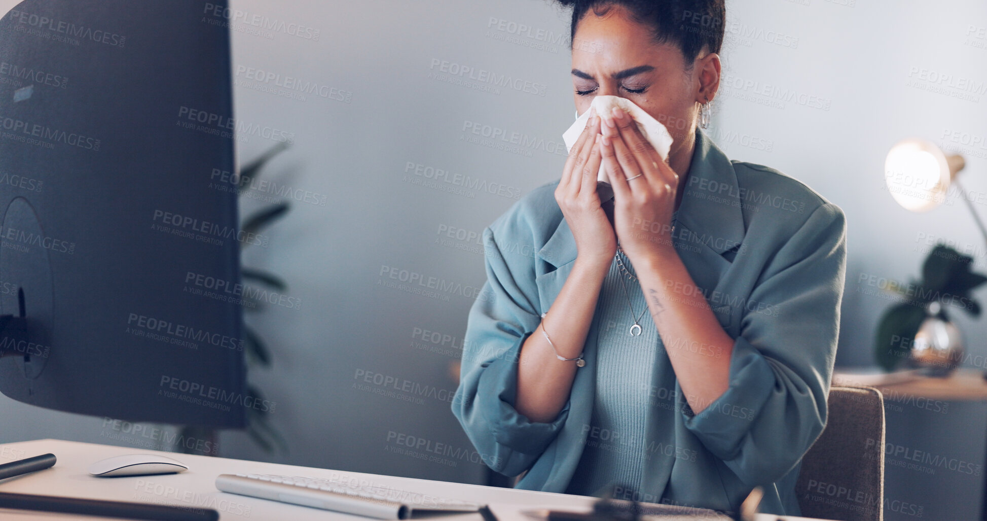 Buy stock photo Sick business woman, tissue and blowing nose for allergies, cold and working late at office desk. Worker, sneeze and infection of influenza, allergy bacteria and risk of health, sinusitis or hayfever