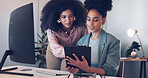 Computer, black african american woman or manager coaching, training or helping an employee with mentorship at office desk. Leadership, collaboration or worker with a question talking or speaking of digital marketing