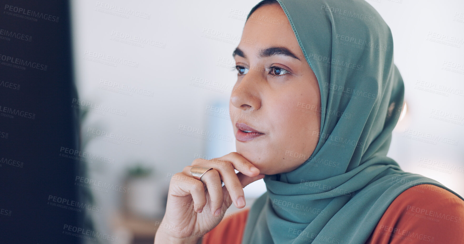 Buy stock photo Business, thinking and Islamic woman with solution, computer or research with email notification, decision or proposal. Muslim person, worker or employee with a pc, review or choice with development