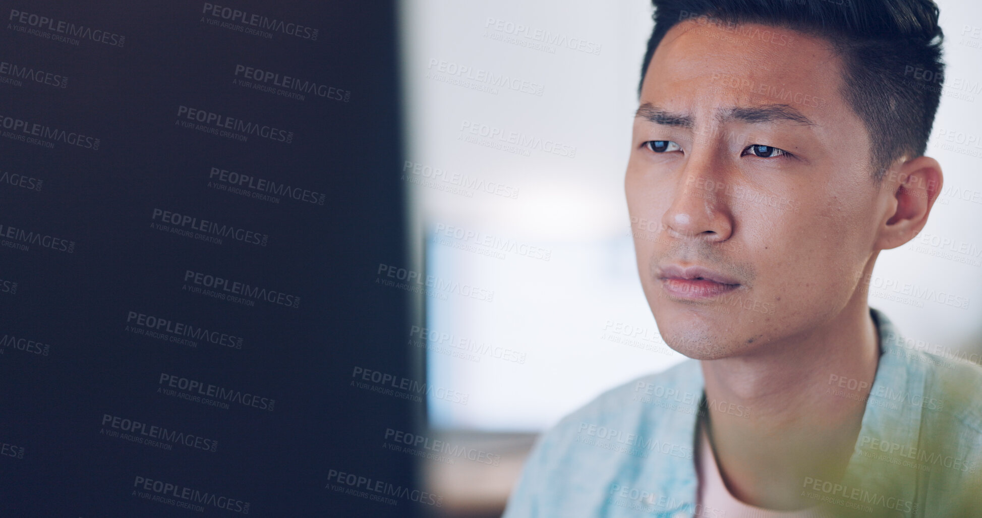 Buy stock photo Thinking, business and Asian man with idea on computer, email notification and planning for a project. Japanese person, consultant and employee with a pc, website information, research and confused