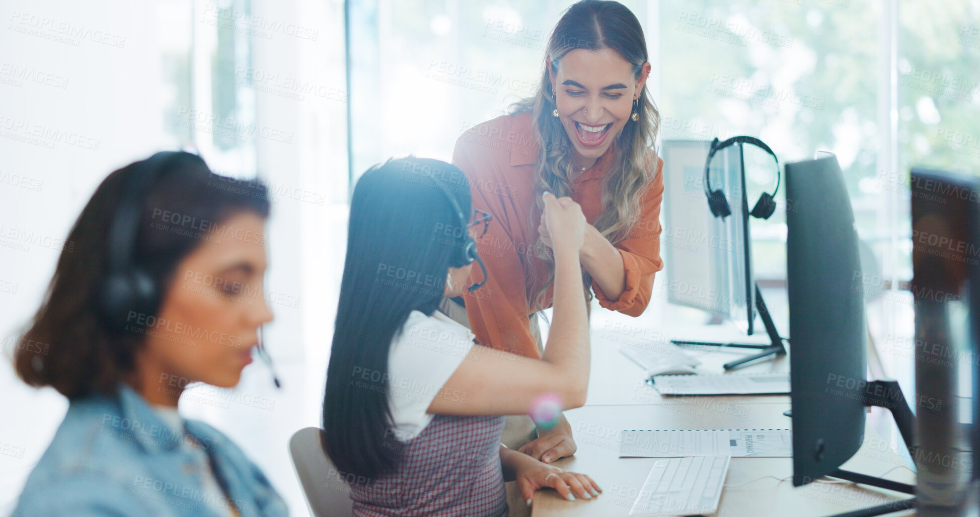 Buy stock photo Fist bump, manager and women in call center for customer service, CRM support and consulting in office. Business, coworking team and people celebrate success for telemarketing, communication or sales