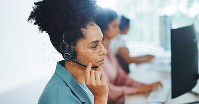 Buy stock photo Call center, listening and agent with business woman for consulting, customer service and help desk. Technical support, telemarketing and communication with person in office for contact us and crm