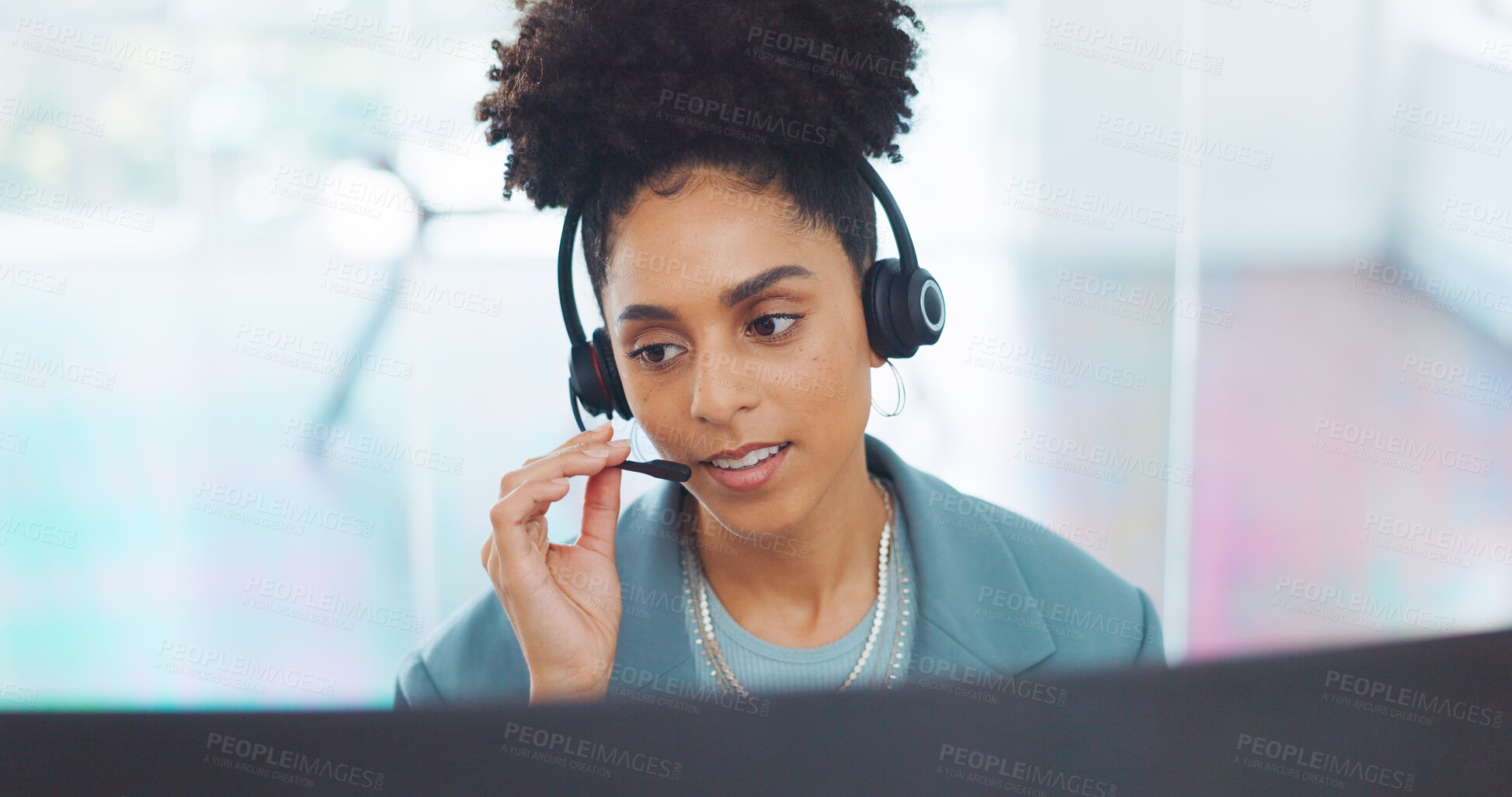 Buy stock photo Call center, advice and receptionist with business woman for consulting, customer service and help desk. Technical support, telemarketing and communication with person in office for contact and crm