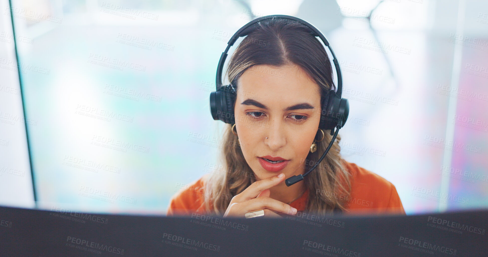 Buy stock photo Call center, consulting and listening with business woman for advice, customer service and help desk. Technical support, telemarketing and communication with person in office for contact us and crm