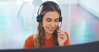 Customer support communication, face and consultant talking on telecom microphone or contact us call center. CRM computer software, ecommerce and telemarketing woman consulting on customer service