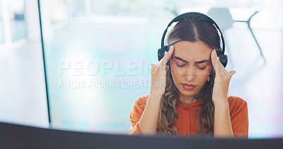Woman, headache and telemarketing stress on computer, consulting deadline migraine or employee burnout in office. Frustrated call center agent, tired or overworked and exhausted or head pain fatigue
