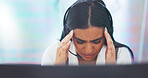 Stress, headache or woman in a call center with burnout exhausted by sales deadline pressure at help desk. Migraine pain, customer services or sick Indian telemarketing agent networking in office