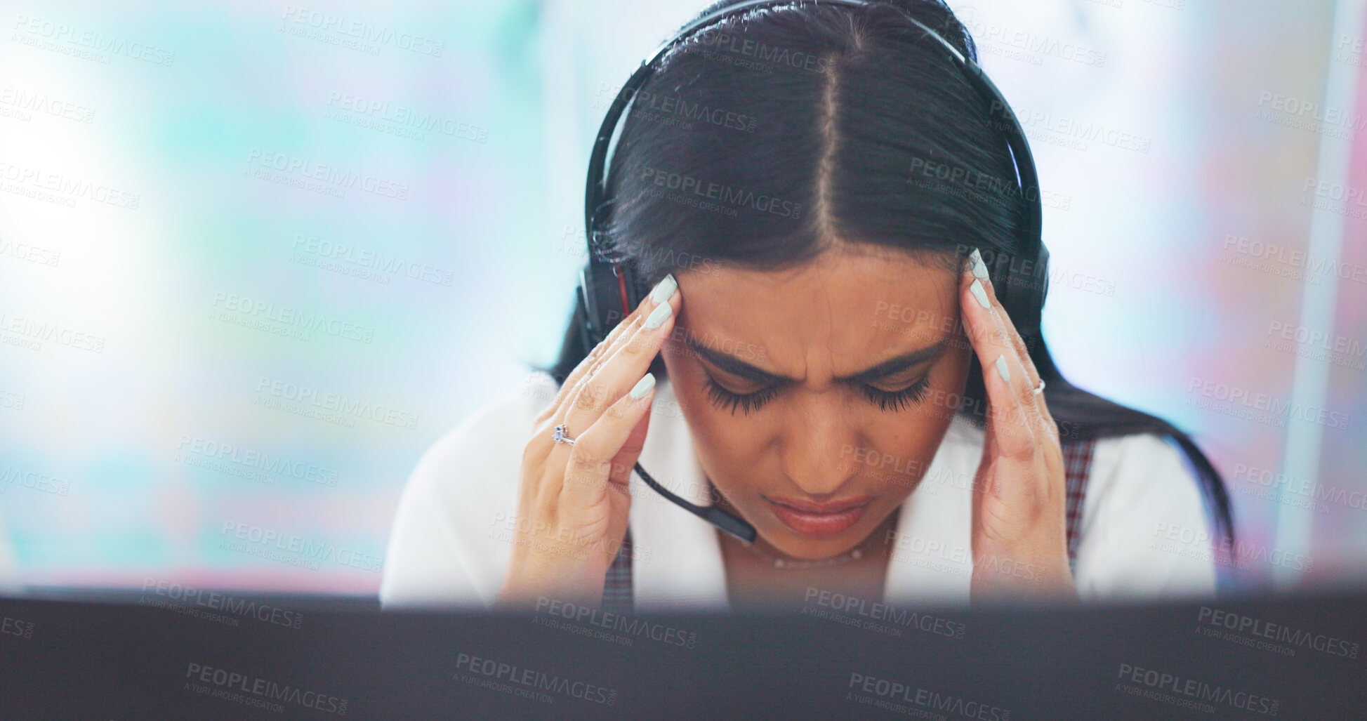 Buy stock photo Call center, woman and agent with a headache working in customer service with fatigue, burnout or stress in crm job. Migraine, pain or frustrated person in telemarketing or communication with anxiety