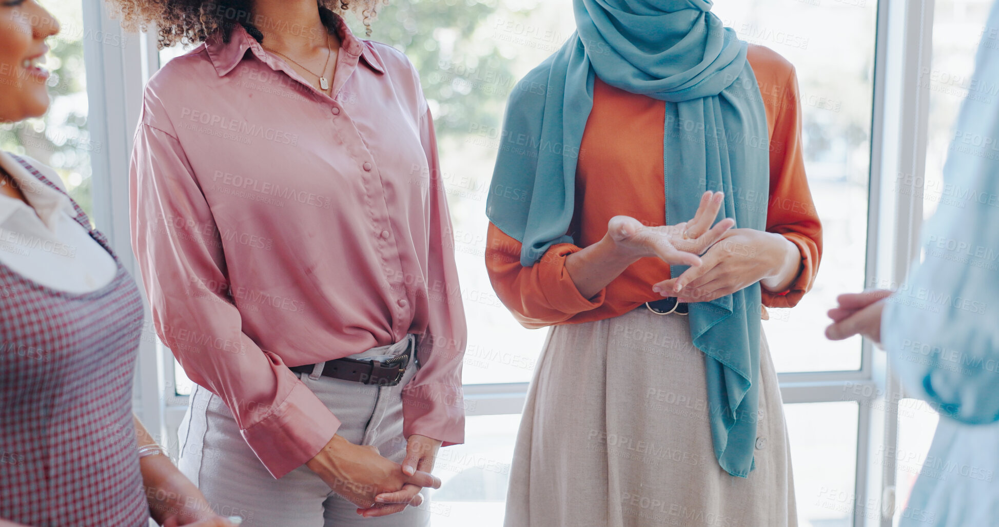 Buy stock photo Business women, circle and meeting in office, planning and discussion for planning, strategy and our vision. Group, teamwork and diversity with brainstorming, hands and collaboration for innovation