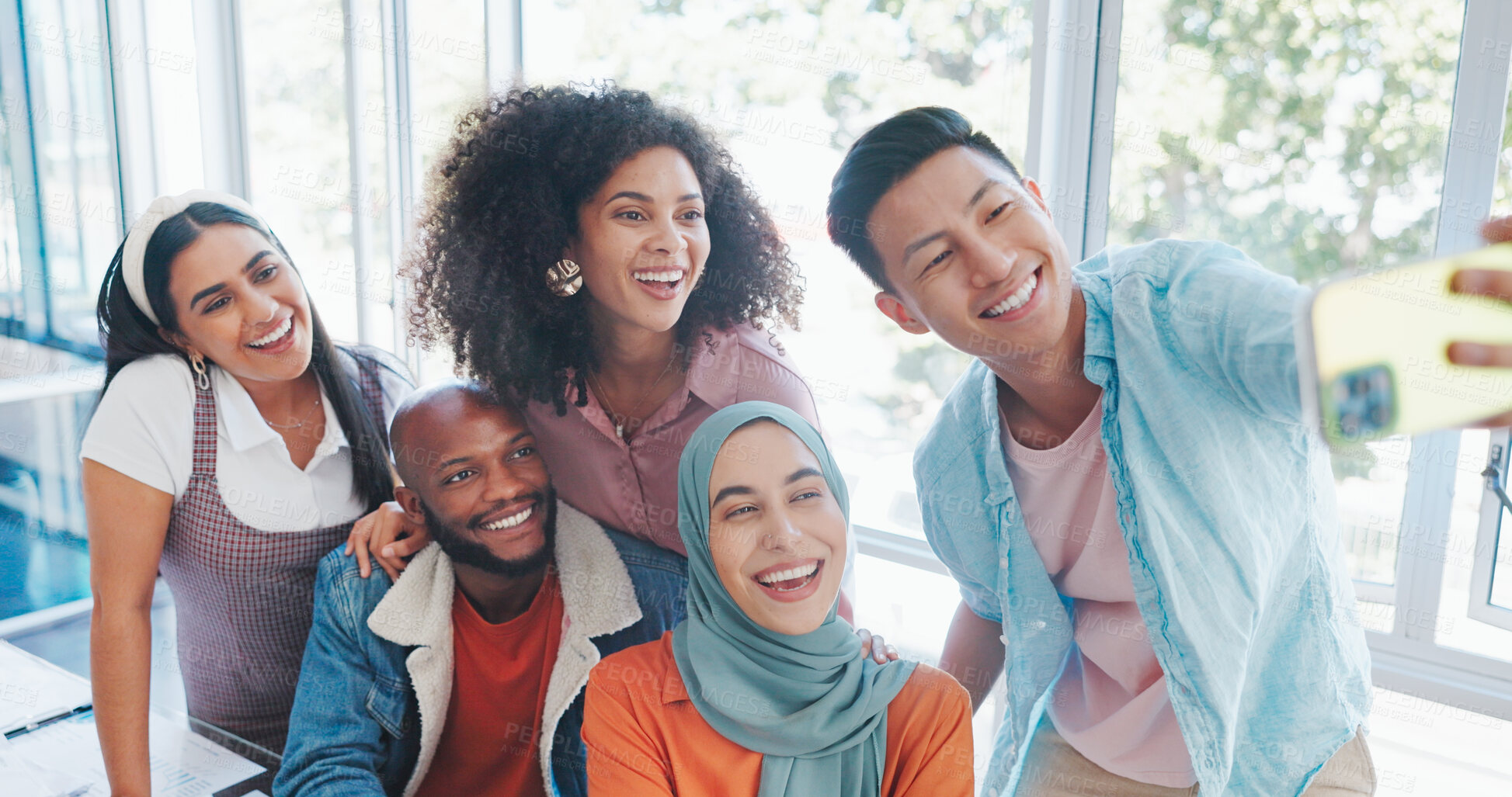 Buy stock photo Selfie, teamwork and business people smile for diversity, team building and workplace inclusion. Happy friends, global employees and taking digital profile picture for social media update in office 