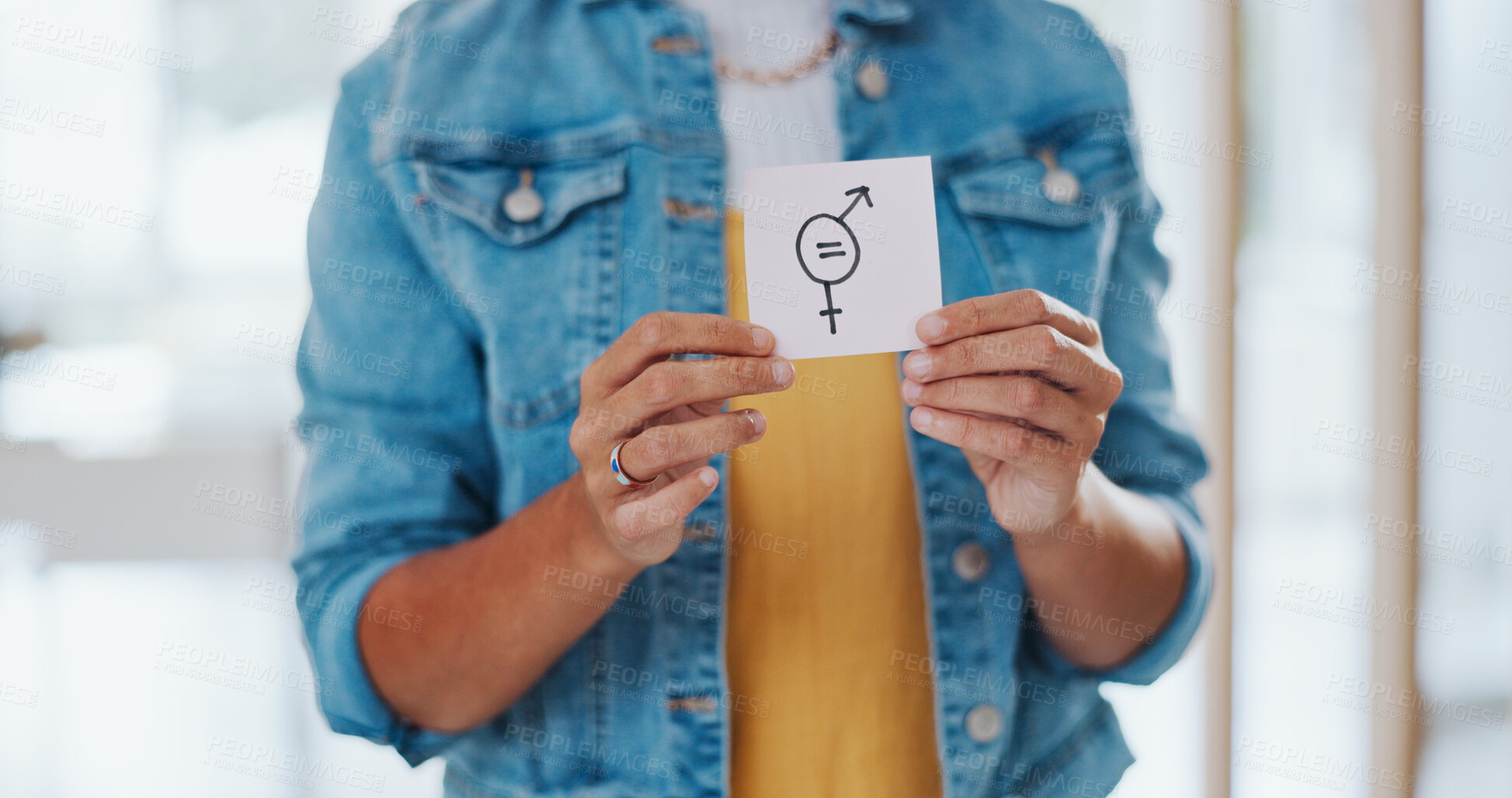 Buy stock photo Gender equality, paper and hands of business woman for income, equity and fair salary opportunity and human rights. Justice, symbol and person with sign or card for feminism protest in workplace