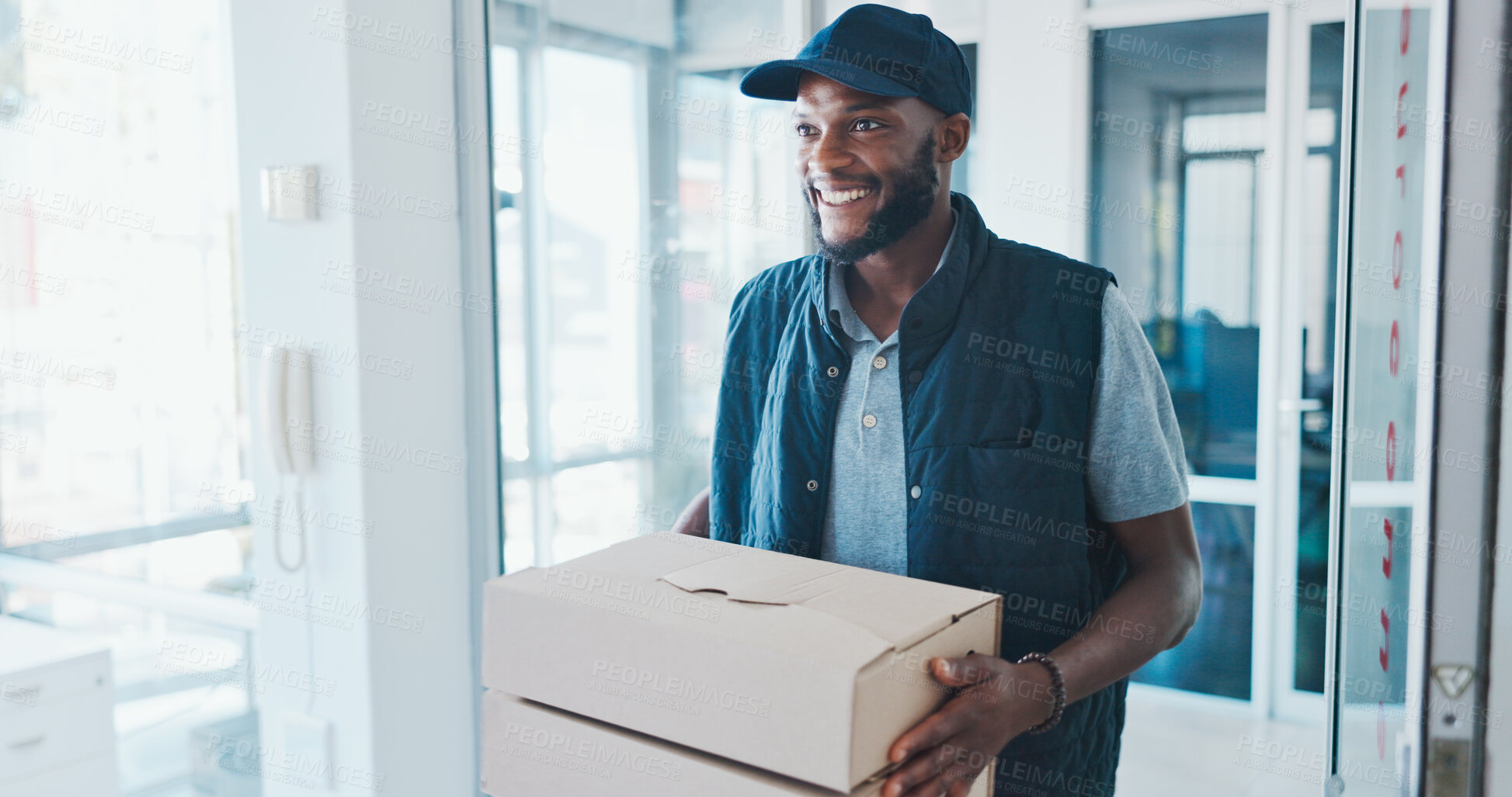 Buy stock photo Happy black man, box and delivery at office for shipping, supply chain and ecommerce logistics. African male person or courier guy smile in parcel, package or cargo in customer service at workplace