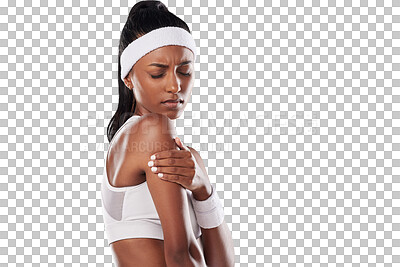Sports injury, arm pain and tennis player suffering with sore muscles after a ball game at the court. Painful, hurt and discomfort woman after sport training or match isolated on a png background