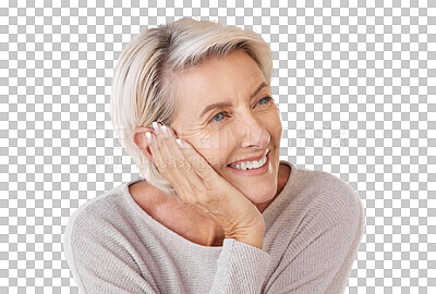Thinking, idea and memory with a senior woman resting her head or chin on her hand in Skincare, health and beauty with a female looking to wellness and lifestyle isolated on a png background