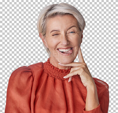 A Comic portrait, quirky model or playful mature woman with funny facial expression, tongue or happy wink face. Silly, classy fashion and elegant stylish beauty or cool person isolated on a png background