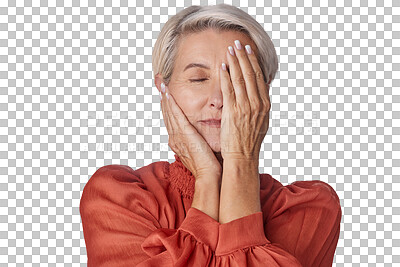 One mature woman suffering with a headache and looking stressed while posing Ageing woman experiencing anxiety and fear in a studio isolated on a png background