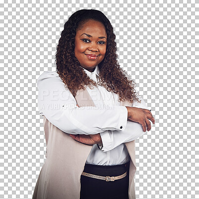A Portrait, leader and black woman in studio, proud and ambition space. Face, black woman and business owner with idea for black business, empowered and career goal isolated on a png background
