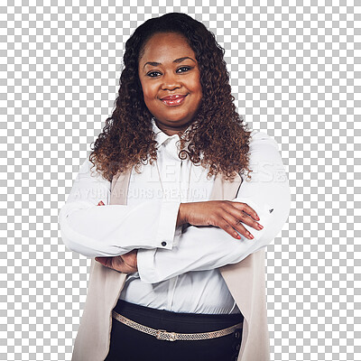A Business woman, portrait and happy with mindset in studio, ambition and vision. Black woman, face and black business startup idea by leader posing, empower and proud or isolated on a png background