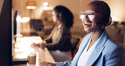 Call center, support and business woman at night, working on computer, overtime or evening shift. CRM, help and black woman talking to customer on headset. Consulting agent on customer service call