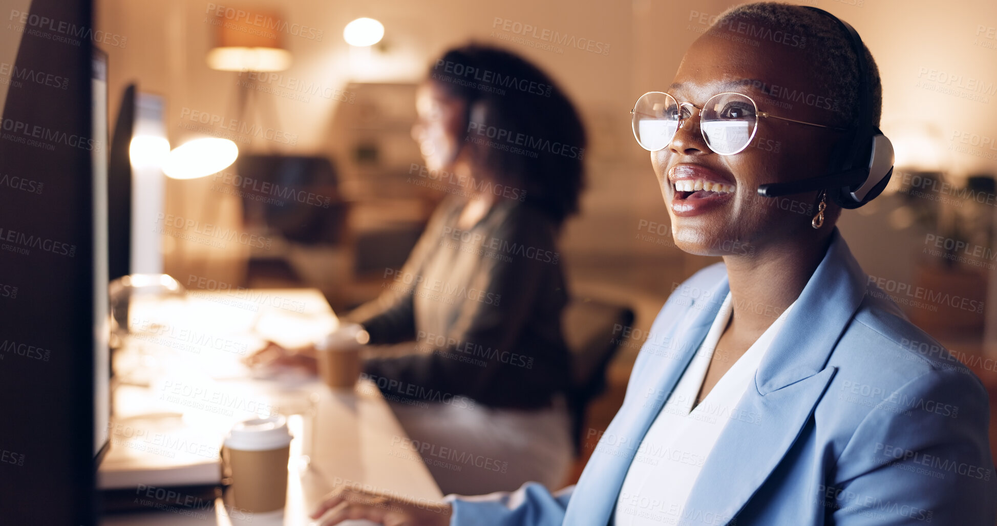 Buy stock photo Happy black woman, call center and night in customer service, support or telemarketing at office. African female person or consultant agent smile in online advice, help or communication in contact us