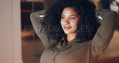 Business woman, stretching and success in night office with computer for digital marketing startup, advertising company or creative office. Smile, happy and relax designer done with technology target