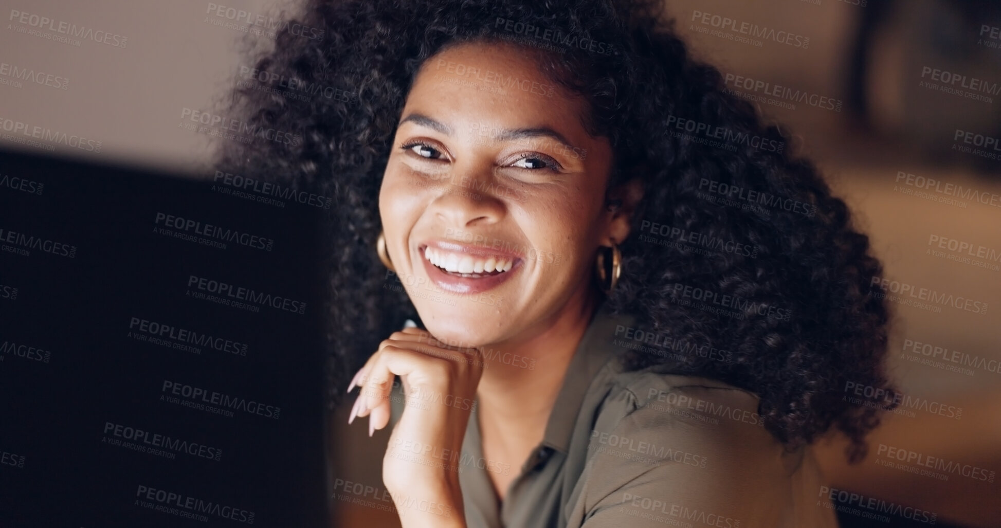 Buy stock photo Portrait, smile and business woman at night in office at computer for online planning, project management and deadline. Face of happy employee working late at desktop in startup agency in Brazil 