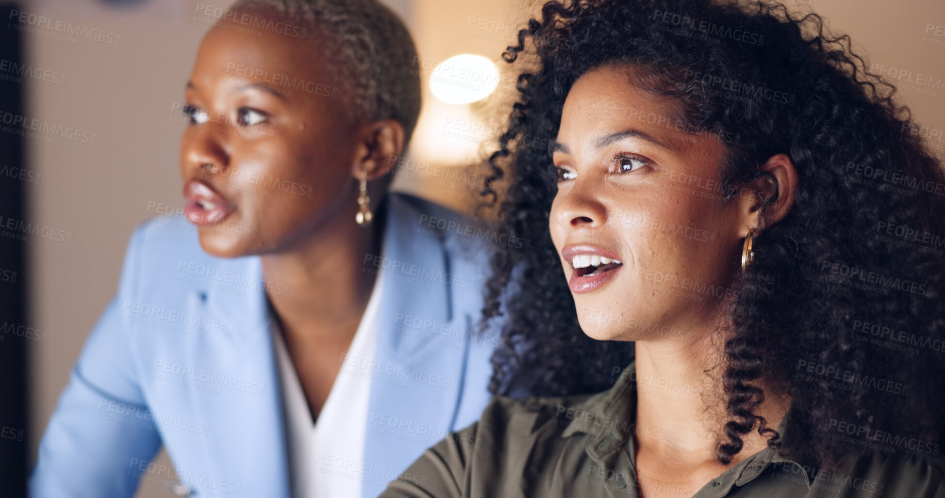 Buy stock photo Office, help and business women at night working on project, deadline and planning together. Collaboration, teamwork and workers in discussion, training and advice for overtime schedule on computer