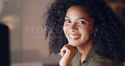 Night office computer, portrait and black woman face working, planning and marketing strategy in creative startup agency in Brazil. Smile, motivation and success of happy entrepreneur dark pc company