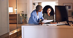 Business woman coaching worker at night modern office, planning documents research and company strategy. Female team employees working overtime on report collaboration, idea analysis and conversation