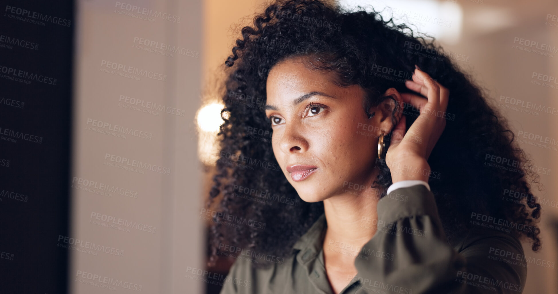 Buy stock photo Business woman, thinking and night on computer for online networking or communication at office. Face of female person working late on PC for project deadline, concentration or planning at workplace