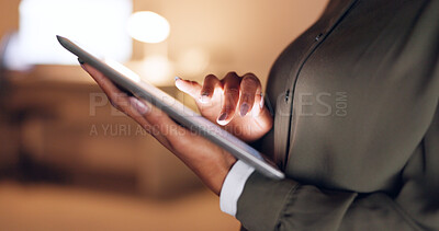 Business, scrolling and hands of woman with tablet reading news, research and website content. Technology, digital gadget and businesswoman working online and browsing internet at night in the office