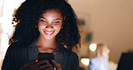 Social media, phone and happy woman typing on a dating app or website for a love connection and romance. Smile, relaxed and young woman texting, chatting and online dating in a dark night at home