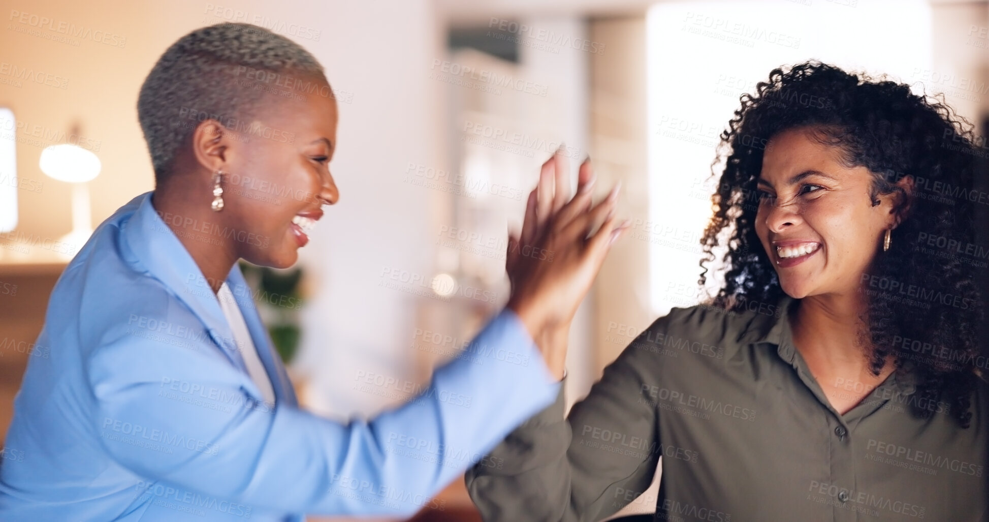 Buy stock photo Collaboration, high five and business women in the office working together on a corporate project. Success, celebration and professional African employees in partnership planning a company strategy.