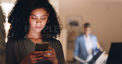 Business, phone or black woman working at night with communication, networking or technology for social media app. Employee, worker or manager on smartphone for social network, research or email send