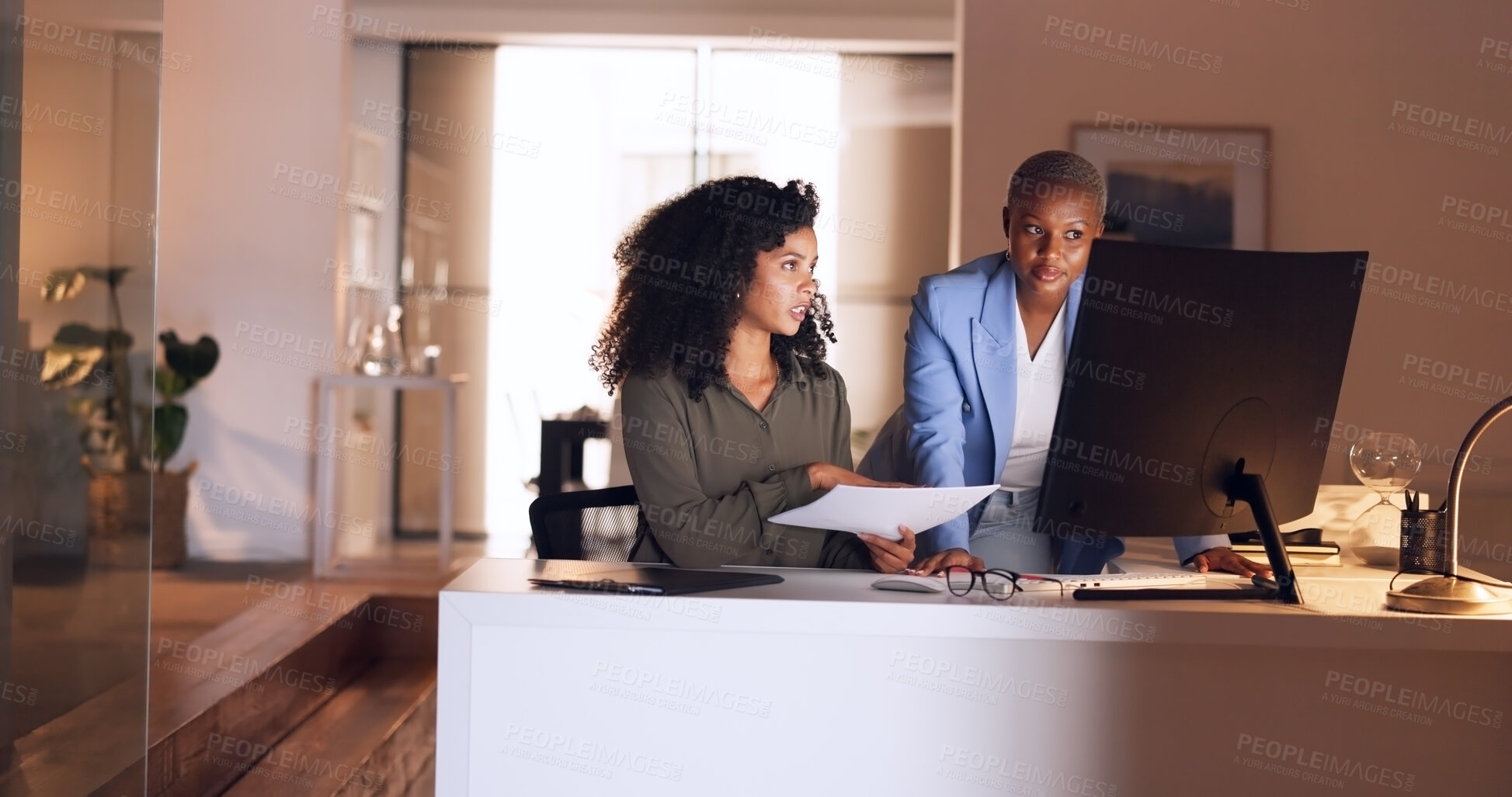 Buy stock photo Planning, computer and business women at night working on project, deadline and kpi report together. Collaboration, teamwork and workers in discussion for proposal, website and schedule in overtime