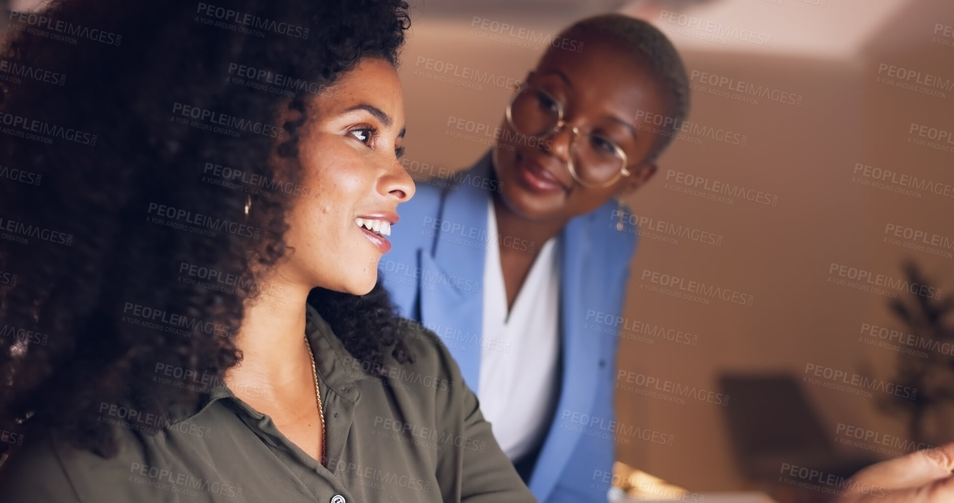 Buy stock photo Office, discussion and business women at night working on project, deadline and planning online. Collaboration, teamwork and workers in conversation, talking and chat for overtime schedule on break