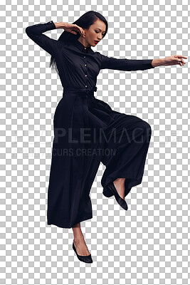 A Fitness, martial arts and woman jump. Tai chi sports, karate meditation or young female fighter jumping in air getting ready for workout, exercise or training isolated on a png background