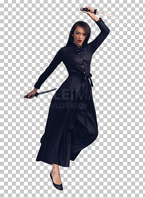 A Ninja, blade and woman warrior jumping for a martial arts or assassin fighter skill. Fantasy, cosplay and portrait of a female model in a samurai costume with swords by isolated on a png background