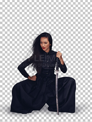 Sword, asian woman and warrior ninja or samurai to fight for power, cosplay and fantasy. Strong japanese female in black fashion pose with beauty, action and metal weapon for art deco isolated on a png background