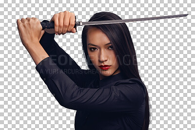 A Portrait, sword and ninja with a model woman for martial arts or combat. Training, fantasy and weapon with an asian samurai ready to defend using self discipline isolated on a png background