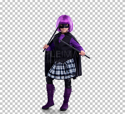 A Girl child, costume and villain in portrait with weapons, fantasy and creative comic aesthetic. Kid, superhero game, mask and creative for martial arts, vigilante or cosplay by isolated on a png background