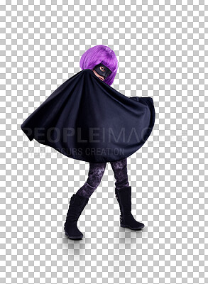 Costume, girl and hero outfit for fantasy, party and kid. Cosplay, female child and person in character for play, dress up and imagination with mask and cape isolated on a png background
