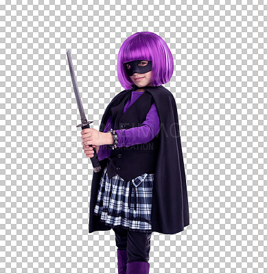 A Girl kid, costume and sword in portrait for vigilante fantasy, creative and comic aesthetic. Child, superhero mask and creativity for martial arts, villain cosplay and halloween by isolated on a png background