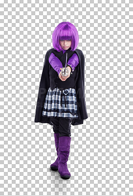 A Little girl, halloween and superhero dress up with sword in purple costume for warrior cosplay. Portrait of isolated girl child playing in kick ass super hero outfit isolated on a png background
