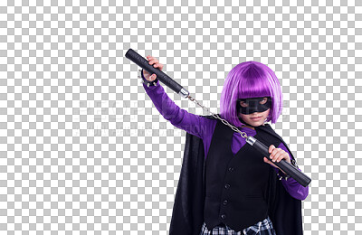 A Little girl, halloween and superhero dress up with nunchucks for fighting. Portrait of isolated girl playing super hero with martial art karate weapon and purple hair isolated on a png background