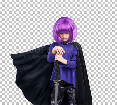 A Superhero, children and fantasy with a girl for vigilante crime fighting. Warrior, kids or sword with a female child in a cosplay mask and cape as a super hero isolated on a png background