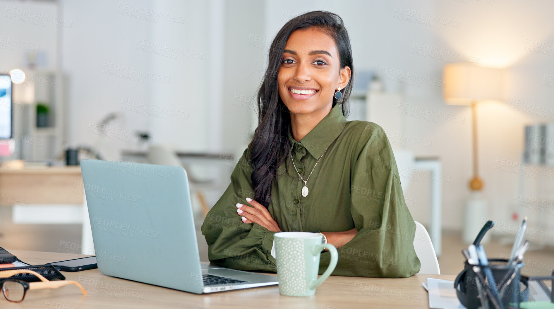 Buy stock photo Portrait, business and woman with a laptop, smile and relax with a career, financial adviser and professional. Face, person and accountant with a pc, happiness and connection with coffee and employee