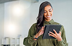 Business woman typing an email, browsing the internet and searching for ideas on a tablet at work. Female corporate professional, expert and designer scrolling on social media or reading a blog